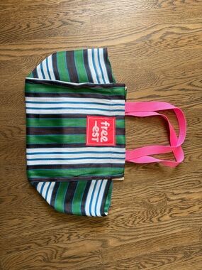 Free People Tote Bag with Green & Blue Stripes and Pink Handles